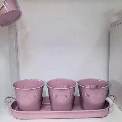 Pink Metal Planter Set with Tray, 3Pcs Galvanized Flower Buckets with Handle Tray