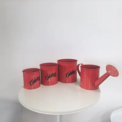 Red Metal Watering Can & 3Pcs Valentine's Day Iron Flower Pots, Glossy Red Decorative Planter Set for Valentine Home Decor