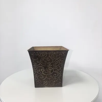Vintage Embossed Scroll Pattern Square Metal Planter, Distressed Bronze Iron Flower Bucket for Farmhouse Home Decor