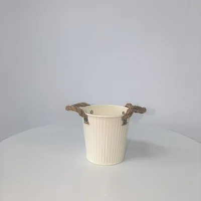 Cream White Vertical Ribbed Metal Bucket with Rope Handles, Farmhouse Decorative Iron Planter for Flowers & Storage