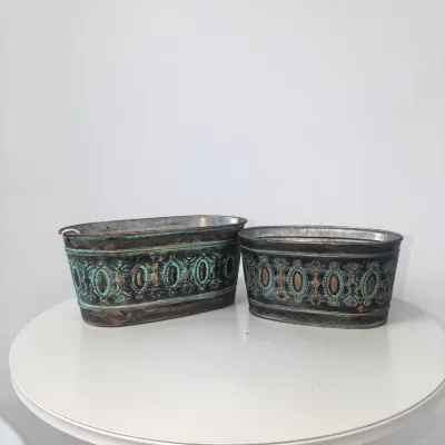 Set of 2 Vintage Embossed Oval Metal Planters, Distressed Teal Iron Flower Tubs for Farmhouse Home Decor