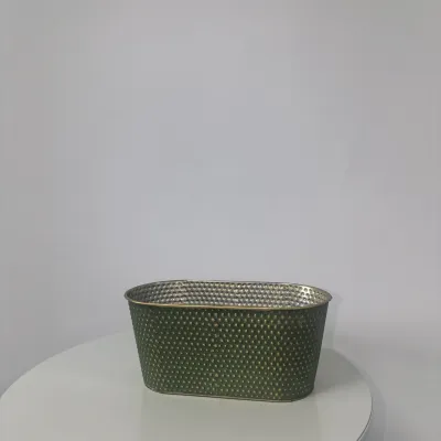 Oval Hammered Metal Planter, Green Embossed Tin Flower Pot for Home Decor