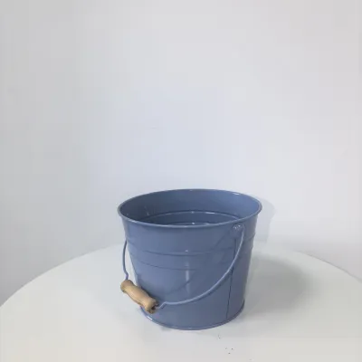 Blue Metal Bucket Planter with Wooden Handle, Galvanized Tin Flower Pot