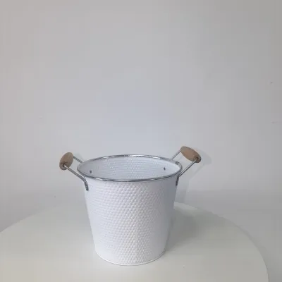 White Hammered Metal Bucket Planter with Double Wooden Handles