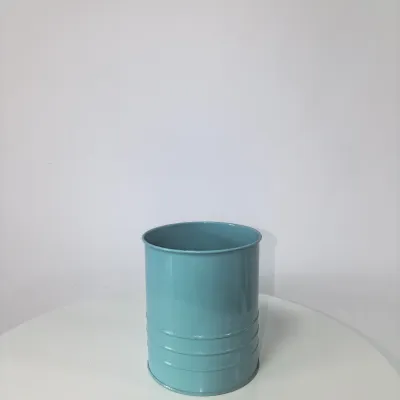 Cylindrical Turquoise Metal Planter, Ribbed Tin Flower Pot for Home Garden