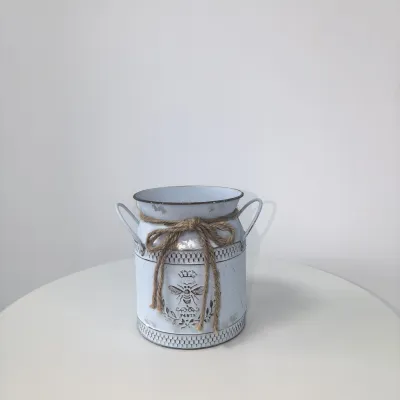 Distressed White Metal Milk Can Vase, Bee Embossed Farmhouse Decor with Rope Bow