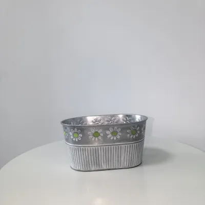 Oval Galvanized Metal Planter with Embossed Daisy Flower Decor