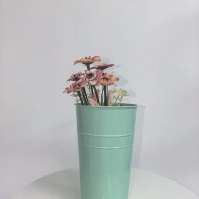 Light Mint Green Cylindrical Metal Flower Bucket, Ribbed Metal Vase for Dried Florals Home Decor