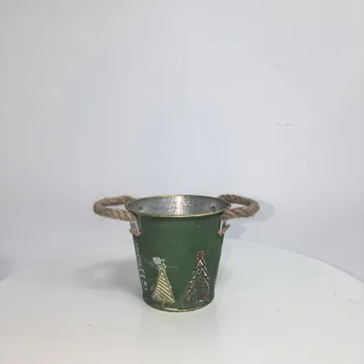 Vintage Green Distressed Metal Bucket with Rope Handles, Embossed Christmas Tree Metal Pot for Xmas Decor