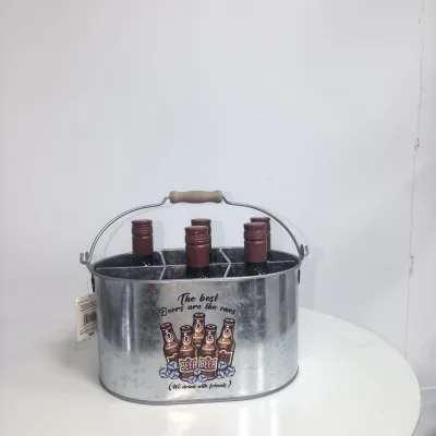 Galvanized Metal Beer Caddy with Wooden Grip Handle, 6 Bottle Divided Wine Carrier Bucket for Party