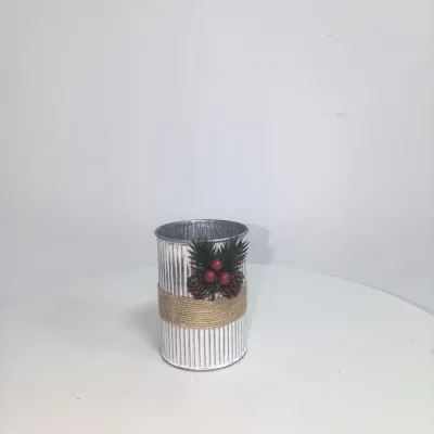 White Distressed Corrugated Metal Christmas Vase with Jute Band, Pine Cone & Red Berry Decor