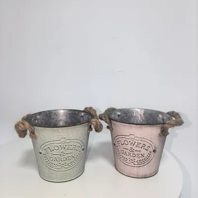 Distressed Metal Bucket with Hemp Rope Handles, Embossed Flowers & Garden Metal Planter Pot