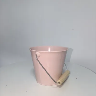 Solid Light Pink Metal Bucket Planter with Wooden Grip Handle, Galvanized Flower Pail