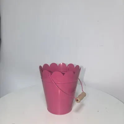 Fuchsia Metal Bucket Planter with Scalloped Flower Rim & Wooden Grip Handle, Galvanized Flower Pail