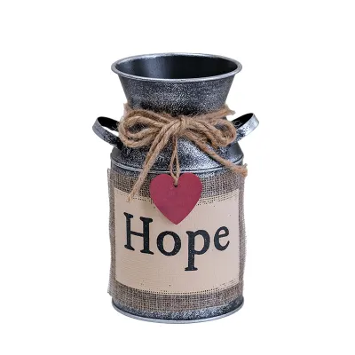 Rustic Farmhouse Hope Metal Milk Can Vase, Vintage Milk Jug with Wooden Heart Tag & Jute Rope