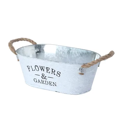 Rustic Galvanized Oval Metal Planter with Rope Handles, Flowers & Garden Metal Tub