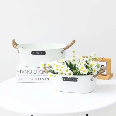 White Oval Metal Flower Planter with Rope Handles, Flowers Label Metal Tub