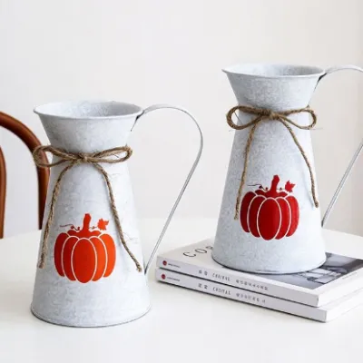 Vintage Galvanized Metal Pitcher Vase Pumpkin Print Fall Farmhouse Decor