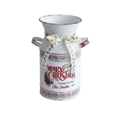 Vintage Christmas Metal Milk Can Vase, Rustic Farmhouse Holiday Decor