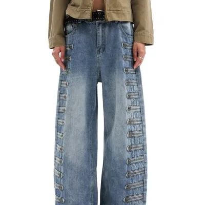 Vintage Washed Denim Jeans Mid Waist Boot Cut Button Trim Blue Trousers Breathable Quick Dry All Season